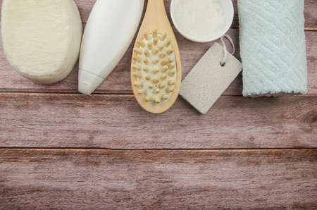 Soft towel and bath accessories on table. Copy spaceの写真素材
