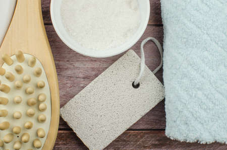 Soft towel and bath accessories on table. Copy spaceの写真素材