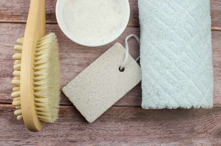 Soft towel and bath accessories on table. Copy spaceの写真素材