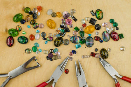 Tools set of jewellery. Jewelry workplace on metal background with copy space for text.の写真素材