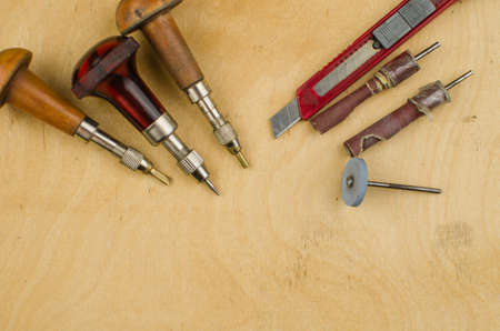 Tools set of jewellery. Jewelry workplace on metal background with copy space for text.の写真素材