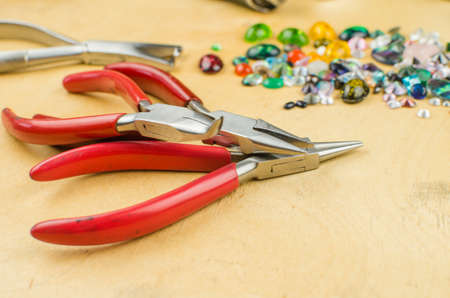 Tools set of jewellery. Jewelry workplace on metal background with copy space for text.の写真素材