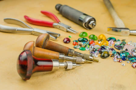 Tools set of jewellery. Jewelry workplace on metal background with copy space for text.の写真素材