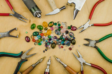 Tools set of jewellery. Jewelry workplace on metal background with copy space for text.の写真素材