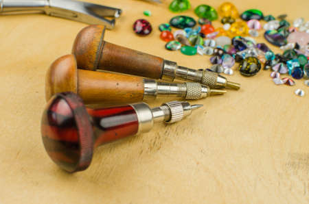 Tools set of jewellery. Jewelry workplace on metal background with copy space for text.の写真素材