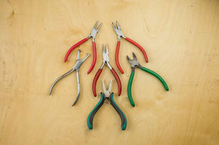 Tools set of jewellery. Jewelry workplace on metal background with copy space for text.の写真素材