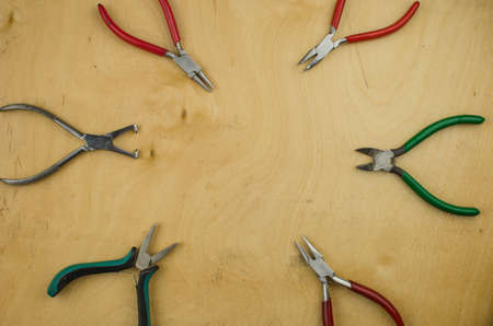 Tools set of jewellery. Jewelry workplace on metal background with copy space for text.の写真素材