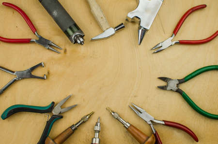 Tools set of jewellery. Jewelry workplace on metal background with copy space for text.の写真素材