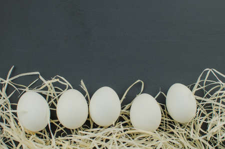 egg white on straw. chicken egg in the nestの写真素材