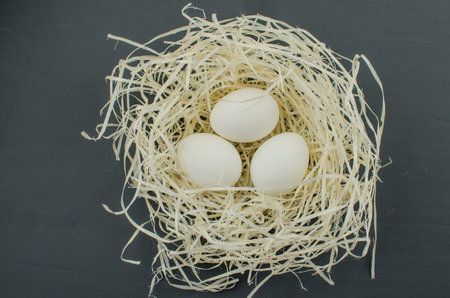 egg white on straw. chicken egg in the nest