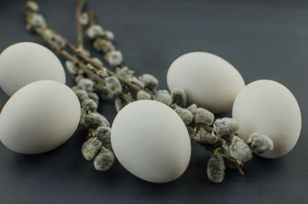egg white on straw. chicken egg in the nestの写真素材