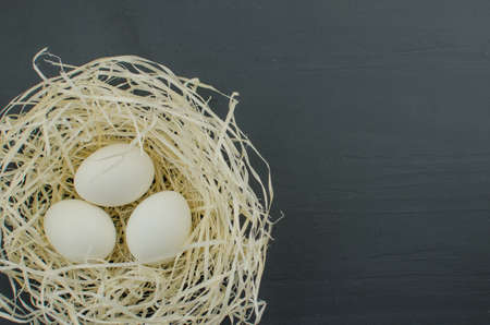 egg white on straw. chicken egg in the nestの写真素材