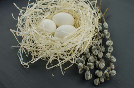 egg white on straw. chicken egg in the nestの写真素材