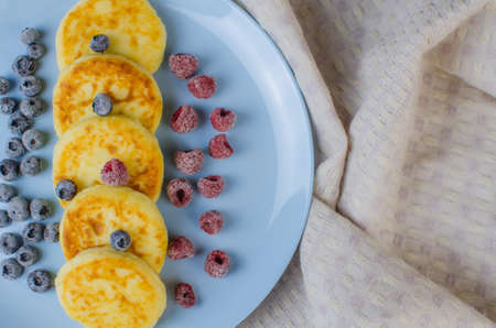 Cheesecakes in a blue dish with frozen fruit. Homemade, delicious food. Copy space for textの写真素材