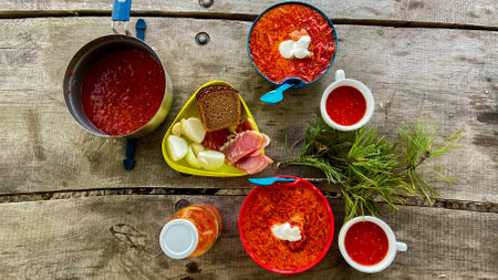 A plate of red borscht with lard and onions on the table. High quality photoの写真素材
