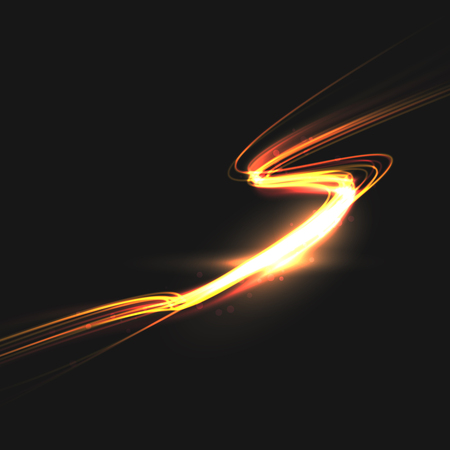 The wave of light with sparkling lines. Bokeh particles on the swirling lines. Motion element on black background glowing light. Shiny gold color dodge effect.のイラスト素材