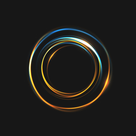 The rings of light with sparkling lines. Bokeh particles on the swirling circles. Motion element on black background glowing light. Shiny gold color dodge effect.のイラスト素材