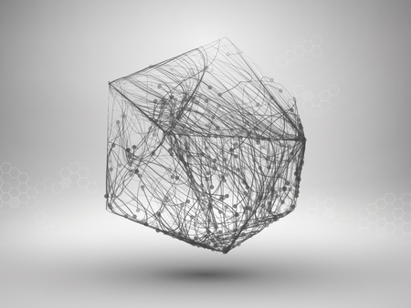 Icosahedron with connected lines and dots. Wireframe poligonal mesh motion element. Connection concept. Technology background.のイラスト素材