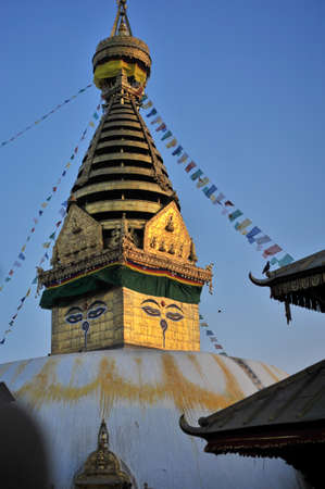 Buddha statue at Swayambhunath stupa in Kathmandu, Nepalの写真素材