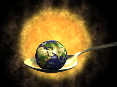 Earth on spoon and Sun, global warmingの写真素材