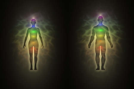 Woman and man energy body, aura, chakras, energy, silhouetteの写真素材