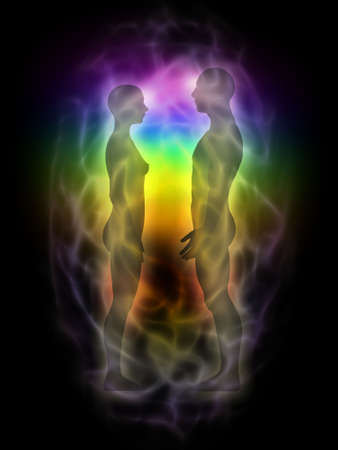 Woman and man silhouette with aura, chakras, energy - profile Woman and man silhouette with aura, chakras, energy - profile