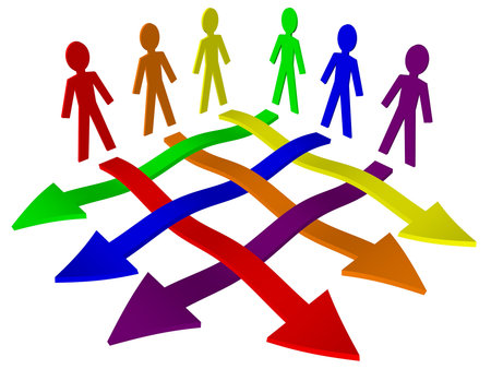 Characters and arrows - business team, teamwork, working relations