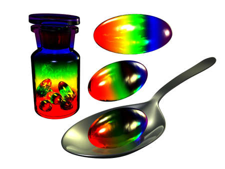 Pills on spoon, white backgroundの写真素材