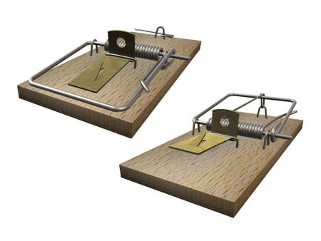 Open and closed mousetrap on white backgroundの写真素材