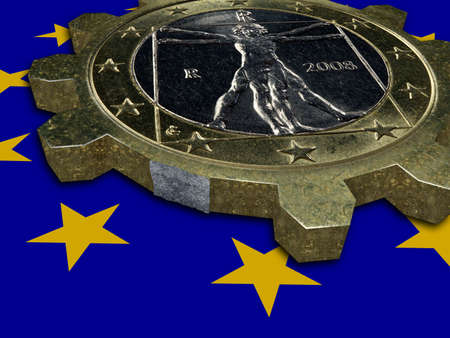 Economic crisis - broken EURO coin gearの写真素材