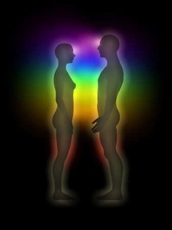 Woman and man silhouette with aura, chakras, energy - profileの写真素材