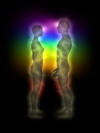 Woman and man energy body, aura, chakras, silhouetteの写真素材