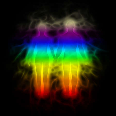 Rainbow silhouette with aura - woman and manの写真素材