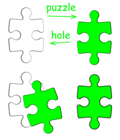 Puzzle piece and puzzle hole isolated on white backgroundの写真素材
