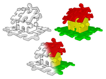 Sketch and illustration of house building from puzzle isolated on white backgroundの写真素材