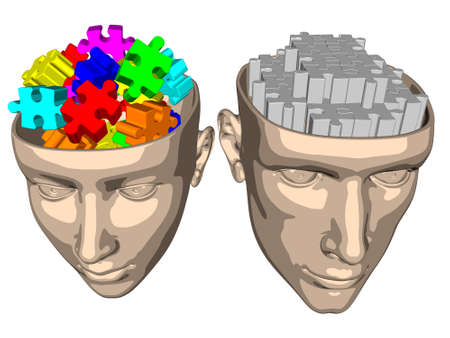 Cartoon of puzzle brain of woman and man isolated on white backgroundの写真素材