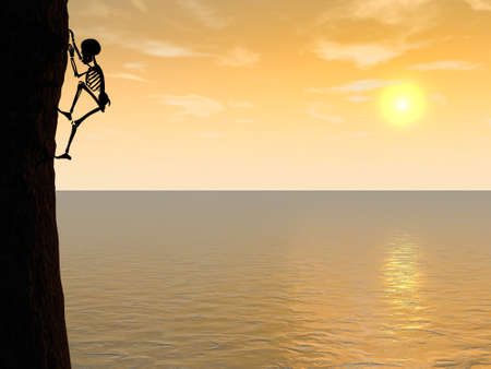 Illustration of skeleton climber silhouette hanging on rockの写真素材