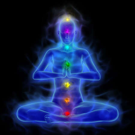 Illustration of human energy body silhouette with aura and chakras in meditation. Illustration of human energy body silhouette with aura and chakras in meditation.