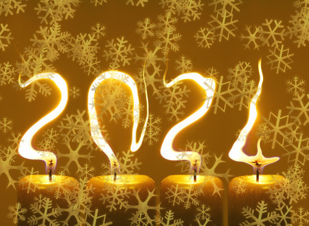 Modified photo of four candles. Flames write numbers 2024, snowflakesの写真素材
