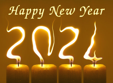 Modified photo of four candles. Flames write numbers 2024, title Happy new yearの写真素材