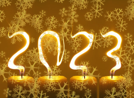 Modified photo of four candles. Flames write numbers 2023, snowflakesの写真素材