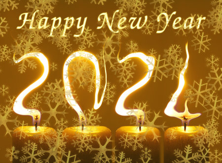 Modified photo of four candles. Flames write numbers 2024, title Happy new year with snowの写真素材