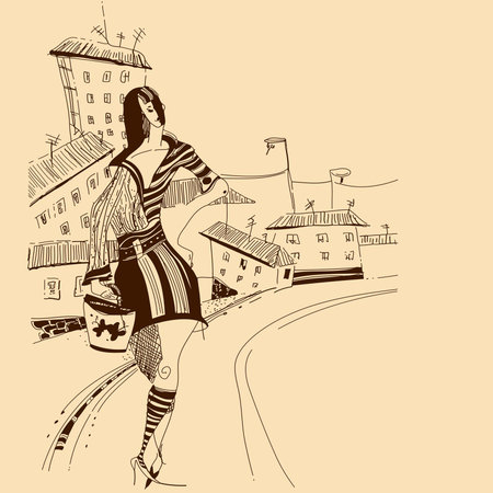 Illustration in cartoon style with a girl, sketchのイラスト素材