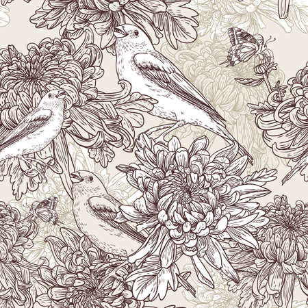 Flowers with bird illustrationのイラスト素材