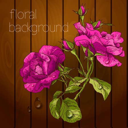 Beautiful flowers on a wooden texture. Vector illustration.のイラスト素材