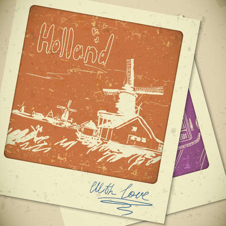 Holland hand drawn landscape in vintage styleのイラスト素材