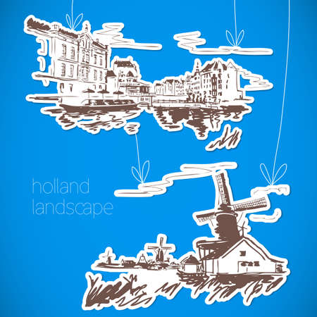 Holland hand drawn landscape in vintage styleのイラスト素材