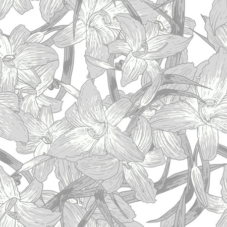 Seamless monochrome floral background with liliesのイラスト素材