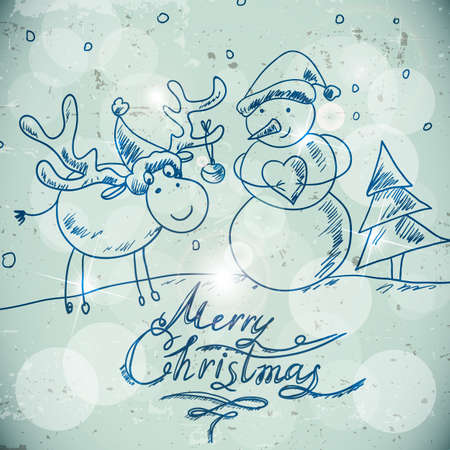 Christmas greetings card with a snowman and mooseのイラスト素材