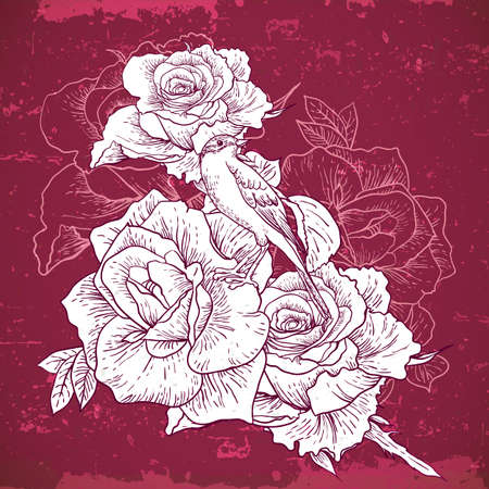 Beautiful Monochrome Rose Background with Birdsのイラスト素材
